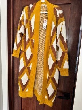 gimmicks by BKE Mustard, Brown & Cream Diamond-Pattern Open Cardigan